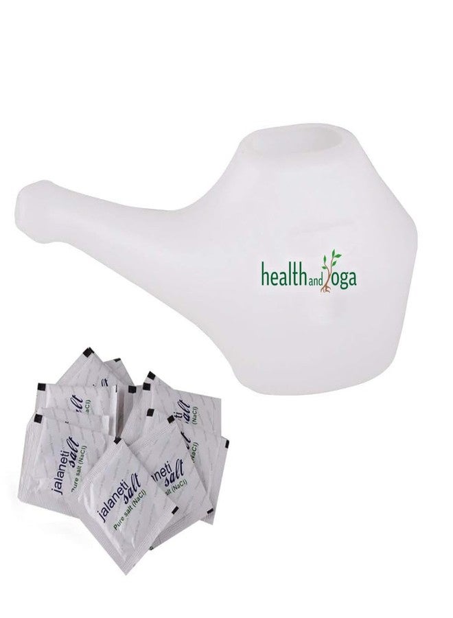 SoulGenie HealthAndYoga® QwikFlo Plastic Neti Pot (White-200 ml) + HealthAndYoga® Jala Neti Salt Sachets (Pack of 10)- For Blocked Nose, Cold & Headaches- Complete Saline Nasal Wash Yoga Detox Travel Kit - Image 1