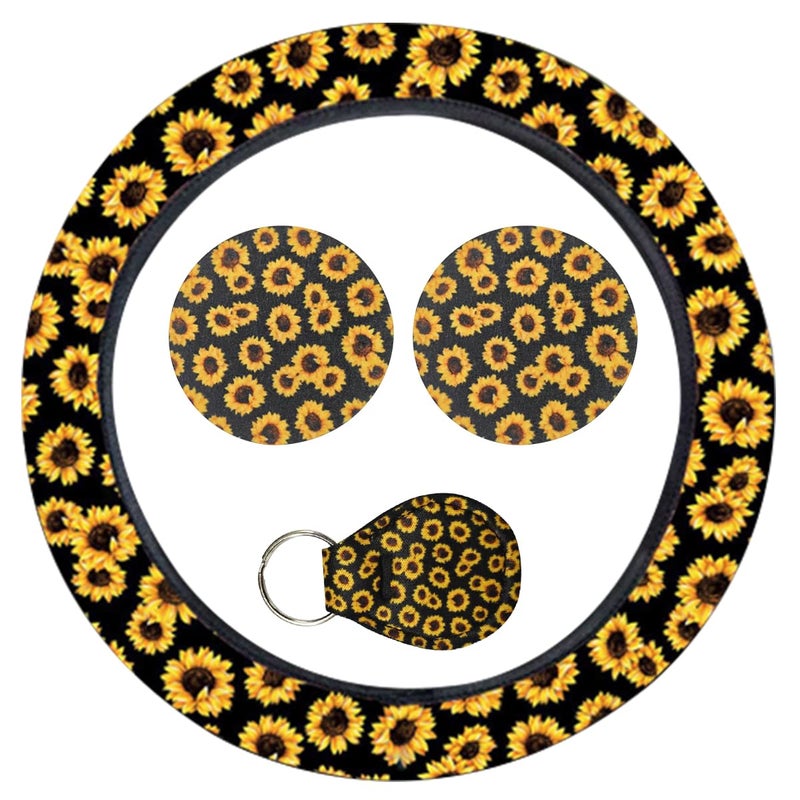 UHANBUT 4PCS Sunflower Car Accessories Set Fashion AntiSlip 1415 Inch Steering Wheel Cover with Cup Holder Coaster Quarter Keyring Vehicle Interior Decorative Protector for Women Sunflower - Image 3