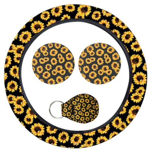 UHANBUT 4PCS Sunflower Car Accessories Set Fashion AntiSlip 1415 Inch Steering Wheel Cover with Cup Holder Coaster Quarter Keyring Vehicle Interior Decorative Protector for Women Sunflower - Image 1