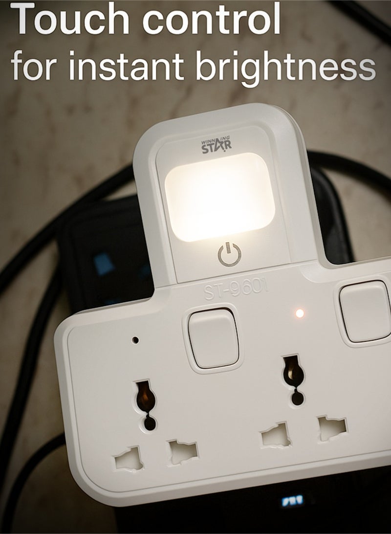 Winning Star 2-Outlet UK Plug Extension Socket (ST-3601), 10A/2500W Power Adapter with Night Light, Touch Light Control, Fire-Retardant Shell & Safety Shutter – Stable Dual Plug for Home or Office - Image 3