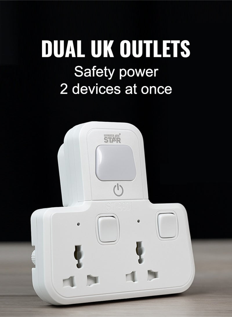 Winning Star 2-Outlet UK Plug Extension Socket (ST-3601), 10A/2500W Power Adapter with Night Light, Touch Light Control, Fire-Retardant Shell & Safety Shutter – Stable Dual Plug for Home or Office - Image 2