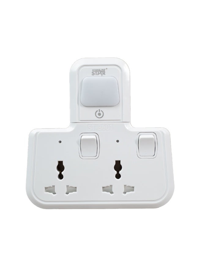 Winning Star 2-Outlet UK Plug Extension Socket (ST-3601), 10A/2500W Power Adapter with Night Light, Touch Light Control, Fire-Retardant Shell & Safety Shutter – Stable Dual Plug for Home or Office - Image 1