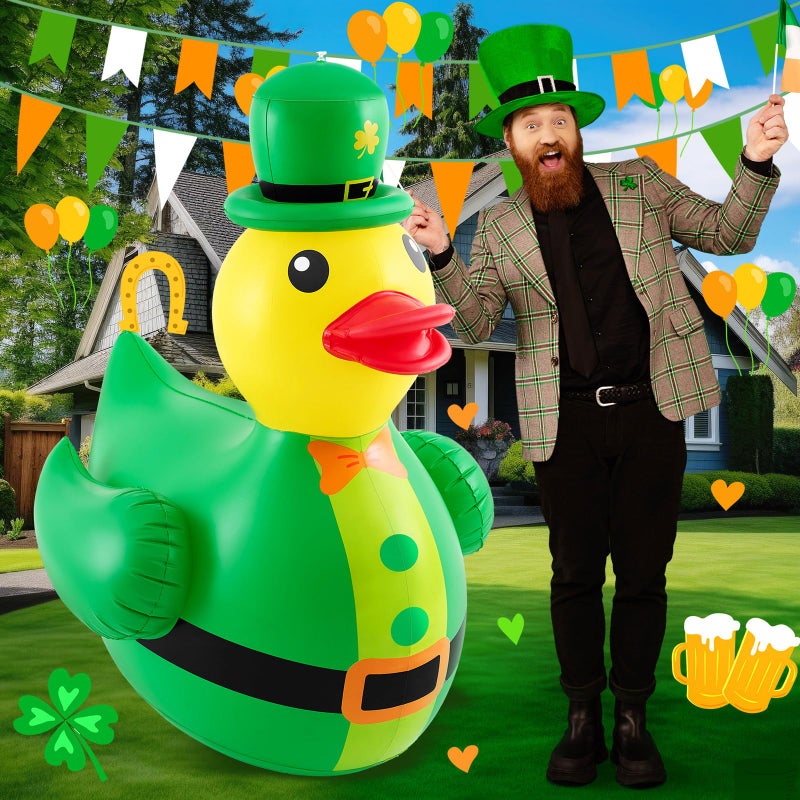 Hungdao 1 Pc 4 ft St. Patrick's Day Inflatable Duck Giant Blow up Rubber Duck with Lucky Shamrock Hat for St. Patrick's Day Golf Cart Parade Outdoor Yard Lawn Decorations (Air Pump Not Included) - Image 1