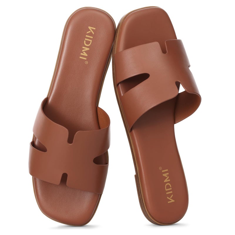 KIDMI Women's Dressy Flat Sandals, Comfortable Slip On Summer Slides, Fashion Open Toe Casual Sandals, Brown 8 - Image 4