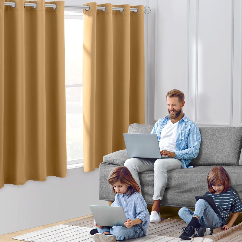 HOMEIDEAS ستائر هوم إيديا الذهبية المعتمة لغرفة النوم 52 × 63 بوصة طول 2 مجموعة من الألواح ستائر معتمة لغرفة النوم، ستائر نافذة عازلة للصوت حرارية مع حلقات للغرفة المعيشية - Image 2