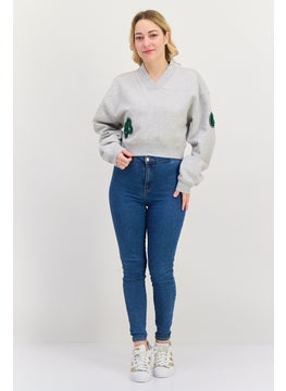ESPRIT Women V Neck Long Neck Long Sleeve Graphic Sweatshirt, Grey Combo  - Image 4