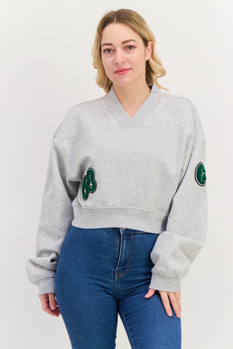 ESPRIT سويت شيرت جرافيك بأكمام طويلة وفتحة عنق على شكل V للنساء، مزيج رمادي - Image 1