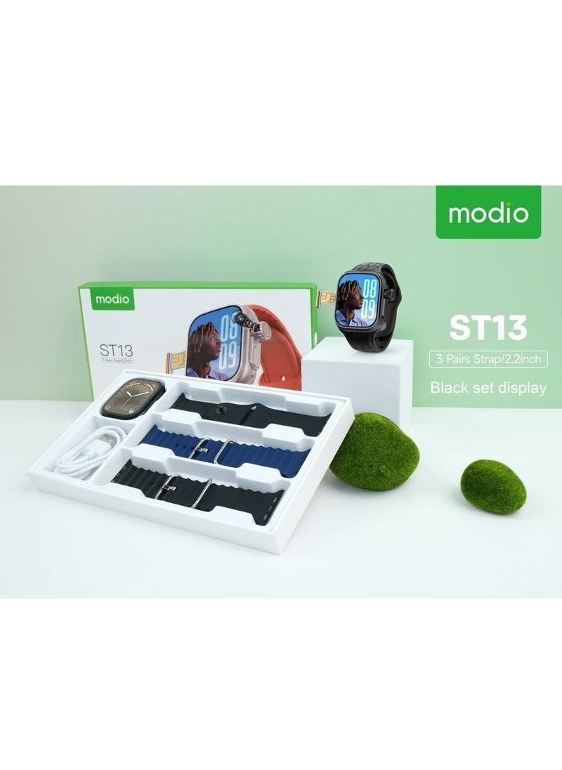 modio - ST13 Smart Watch with 2.2 Inch Full Screen Display, SIM Card Slot, 3 Pair Straps – Fitness Tracker, Heart Rate Monitor, Waterproof, Touchscreen Smartwatch for Android & iOS - Image 1