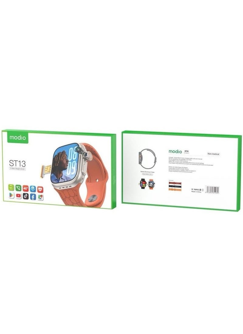 modio - ST13 Smart Watch with 2.2 Inch Full Screen Display, SIM Card Slot, 3 Pair Straps – Fitness Tracker, Heart Rate Monitor, Waterproof, Touchscreen Smartwatch for Android & iOS - Image 1