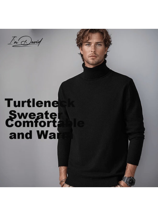 I'm David Men's Slim Fit Black Turtleneck Sweater Autumn Winter New Solid Color Warm Knitwear Base Layer Shirt