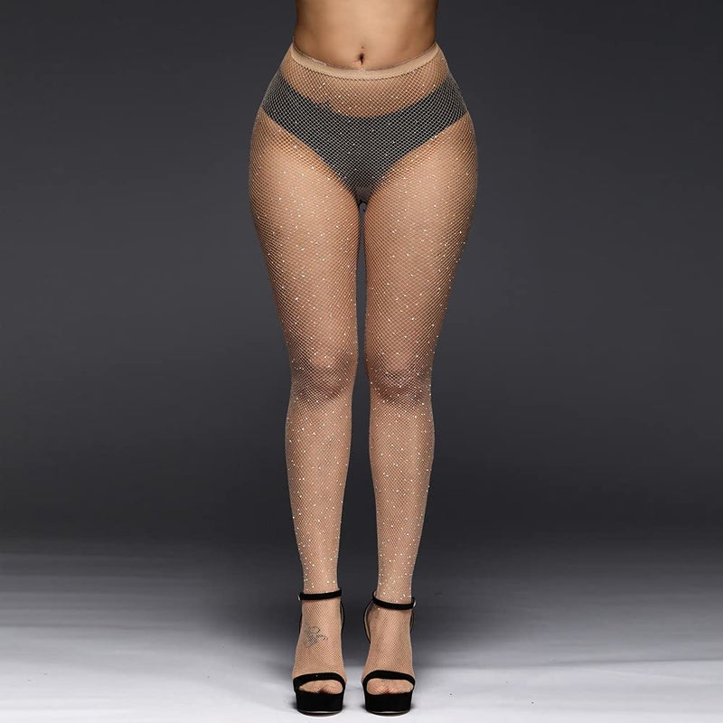 VINICUNCA Fishnet Stockings for Women Sparkly Rhinestone Fishnet Tights Glitter Fish Nets (US, Alpha, Medium, X-Large, Regular, Regular, Nude-mini Grid) - Image 4