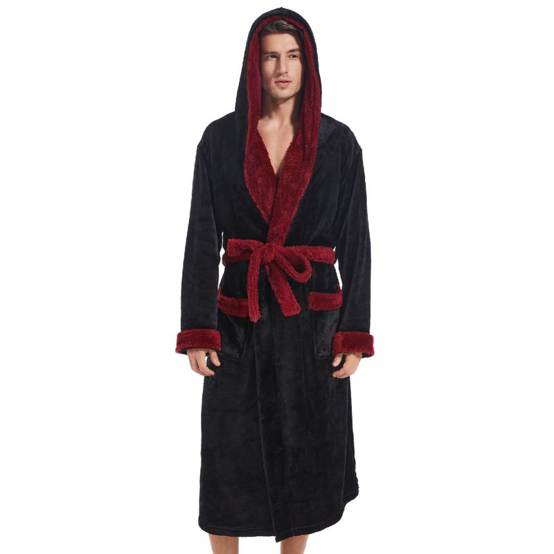 Inner Wish Mens Hooded Robe, Plush Long Bath robes Cozy Warm Bathrobe Fuzzy male Spa Robe With Pockets,BLACK+BURGUNDY, L/XL - Image 1