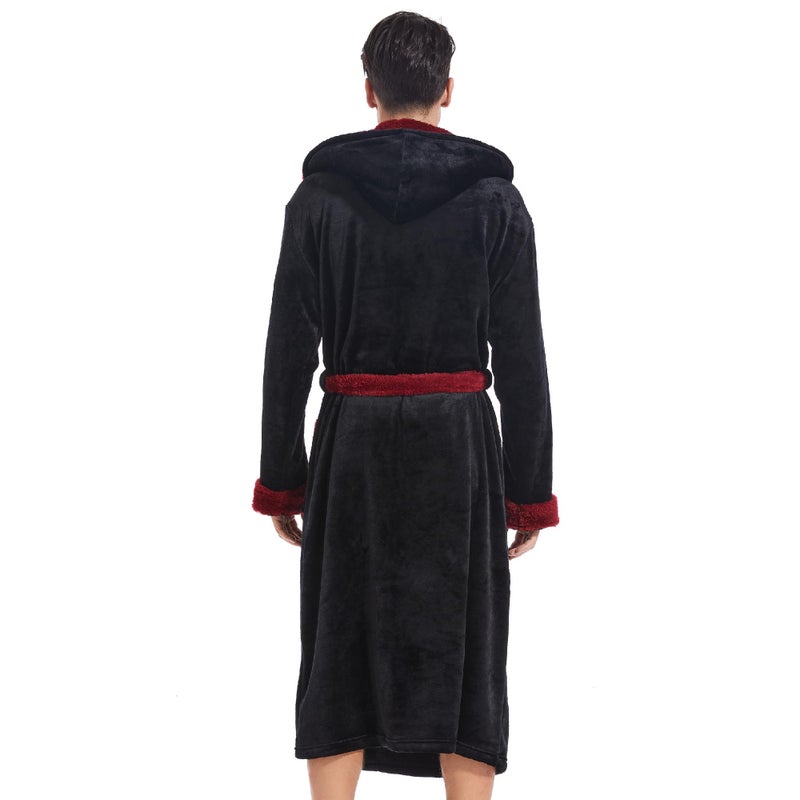 Inner Wish Mens Hooded Robe, Plush Long Bath robes Cozy Warm Bathrobe Fuzzy male Spa Robe With Pockets,BLACK+BURGUNDY, L/XL - Image 3