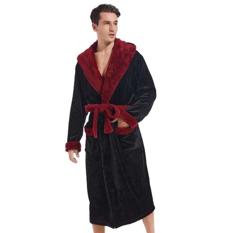 Inner Wish Mens Hooded Robe, Plush Long Bath robes Cozy Warm Bathrobe Fuzzy male Spa Robe With Pockets,BLACK+BURGUNDY, L/XL - Image 2