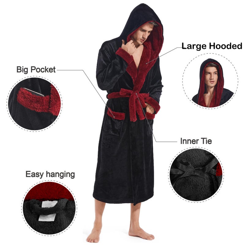 Inner Wish Mens Hooded Robe, Plush Long Bath robes Cozy Warm Bathrobe Fuzzy male Spa Robe With Pockets,BLACK+BURGUNDY, L/XL - Image 4