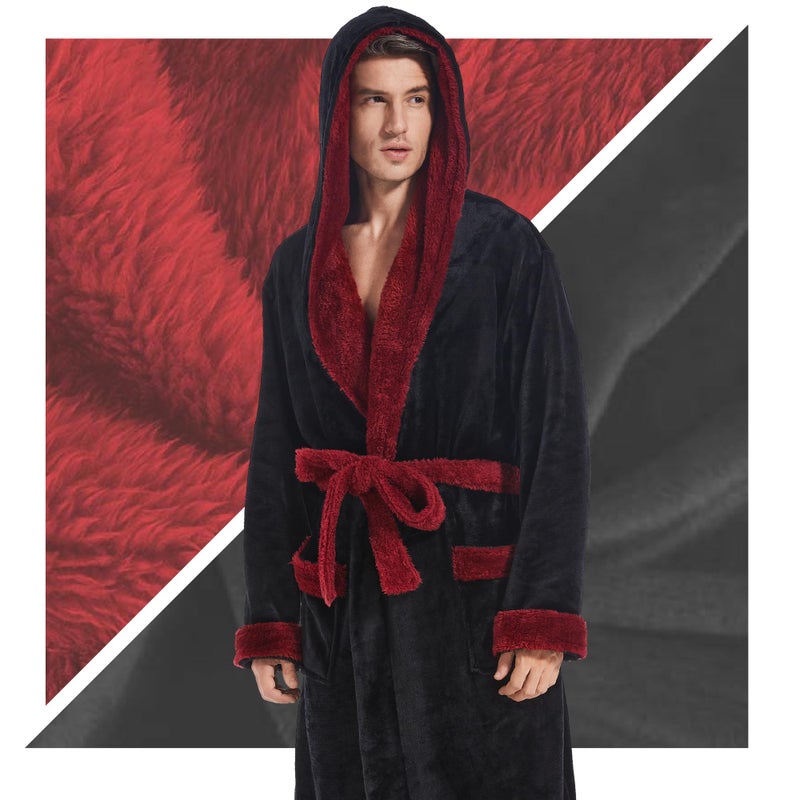 Inner Wish Mens Hooded Robe, Plush Long Bath robes Cozy Warm Bathrobe Fuzzy male Spa Robe With Pockets,BLACK+BURGUNDY, L/XL - Image 5