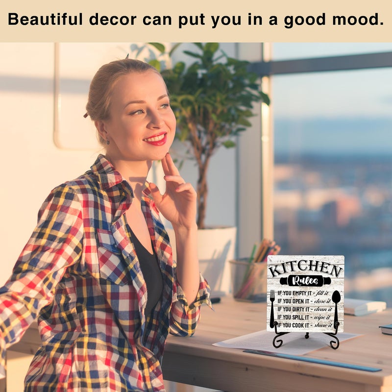 DETIHO Rustic Wood Plaque with Stand - Kitchen Decor - Kitchen Rules Wood Sign - Idea Wooden Decor for Home Living Room Dining Room Shelf Table Decoration (31) - Image 3