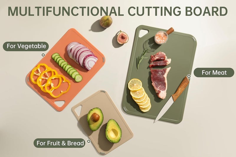 thetchry Plastic Cutting Board Set,Cutting Boards for Kitchen BPA Free, Large-Small Chopping Boards Set of 3 Non-Slip for Cooking Camping Dishwasher Safe, Reversible, with Grip Handle, 15"×10"×0.6" - Image 4