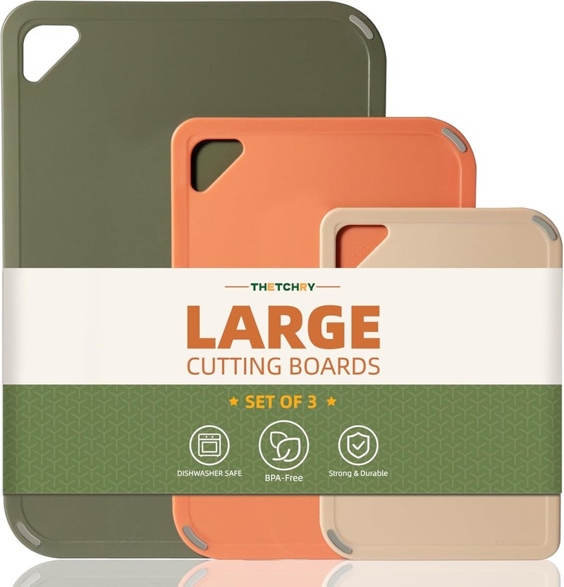 thetchry Plastic Cutting Board Set,Cutting Boards for Kitchen BPA Free, Large-Small Chopping Boards Set of 3 Non-Slip for Cooking Camping Dishwasher Safe, Reversible, with Grip Handle, 15"×10"×0.6" - Image 1