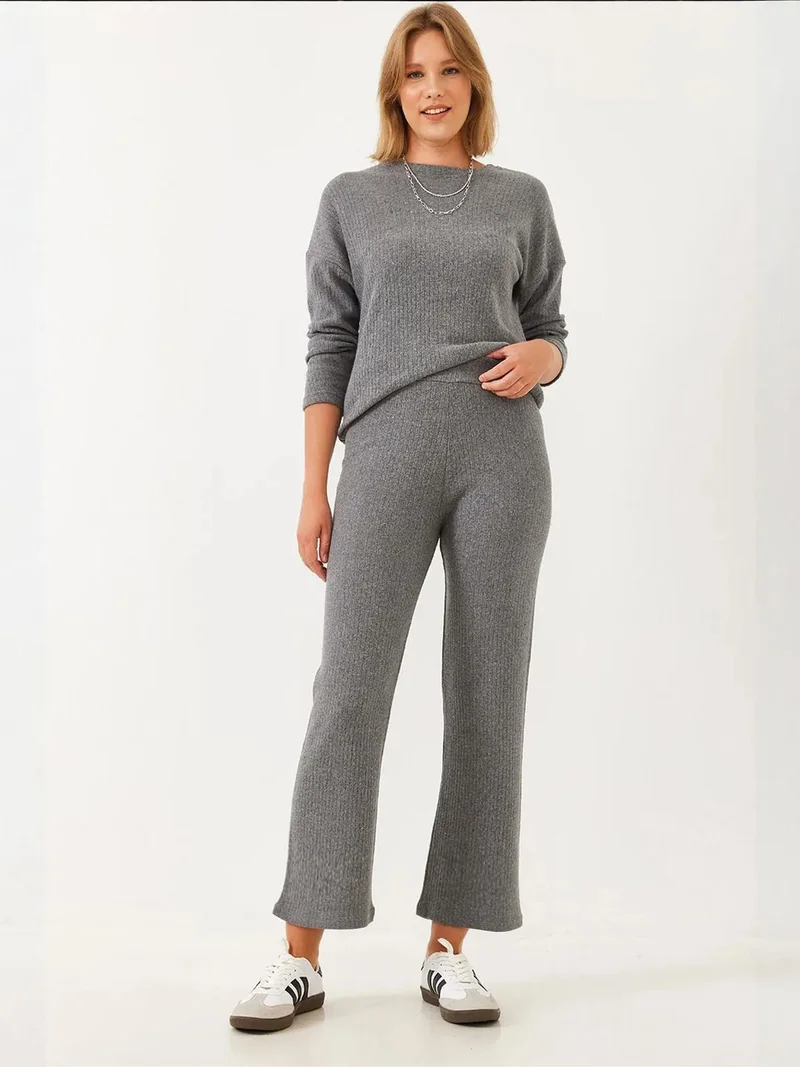 LUCCI Ribbed Textured Crew Neck Sweater and Pants Set