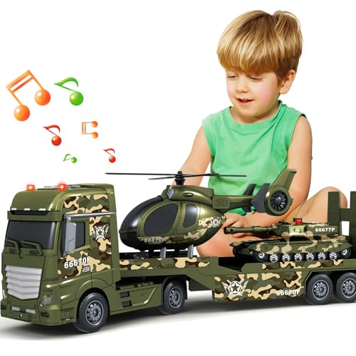 spring flower SpringFlower Toddler Boy Toys 3 in 1 Large Army Truck Toy with Helicoper and Tank Military Transport Truck Toy Christmas Birthday Gifts for Kids 3 4 5 6 Years Old - Image 1