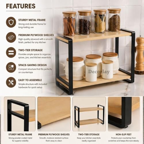 Decorlay Metal & Wooden Spice Rack Organizer Space Saver Step Shelf Counter-Top Storage For Kitchen, Tabletop, Floor Standing Bathroom, Office, And Cosmetics (Black + Beech, Two - Tier) - Image 2