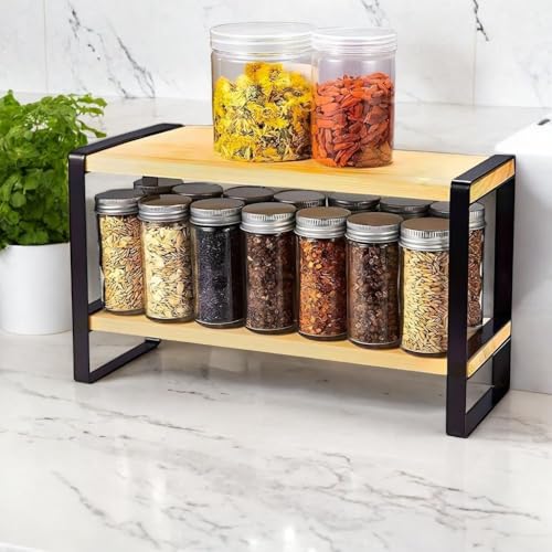 Decorlay Metal & Wooden Spice Rack Organizer Space Saver Step Shelf Counter-Top Storage For Kitchen, Tabletop, Floor Standing Bathroom, Office, And Cosmetics (Black + Beech, Two - Tier) - Image 1