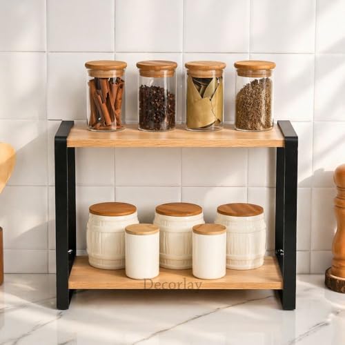 Decorlay Metal & Wooden Spice Rack Organizer Space Saver Step Shelf Counter-Top Storage For Kitchen, Tabletop, Floor Standing Bathroom, Office, And Cosmetics (Black + Beech, Two - Tier) - Image 4