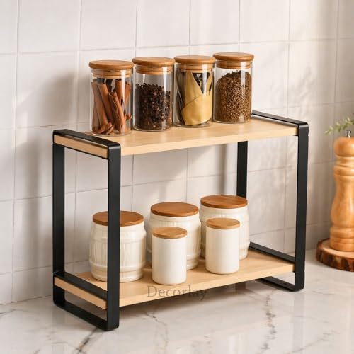 Decorlay Metal & Wooden Spice Rack Organizer Space Saver Step Shelf Counter-Top Storage For Kitchen, Tabletop, Floor Standing Bathroom, Office, And Cosmetics (Black + Beech, Two - Tier) - Image 5
