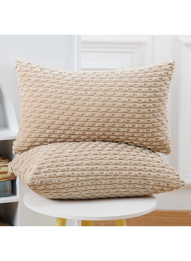 MADIZZ Pack of 2 Boho Striped Corduroy Throw Pillow Covers 12x20 Inch Beige Soft Decorative Cushion Cover for Bedroom Sofa Pillow Shell - Image 2