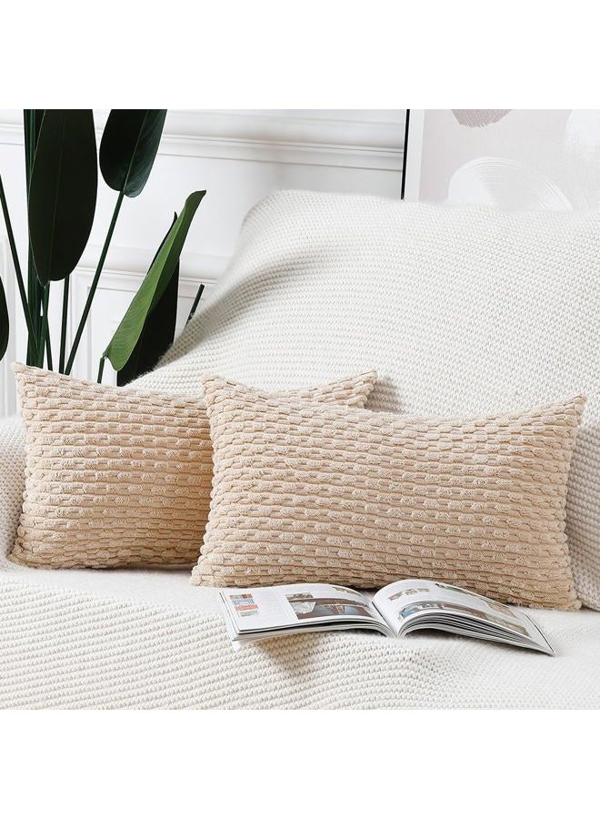 MADIZZ Pack of 2 Boho Striped Corduroy Throw Pillow Covers 12x20 Inch Beige Soft Decorative Cushion Cover for Bedroom Sofa Pillow Shell - Image 1