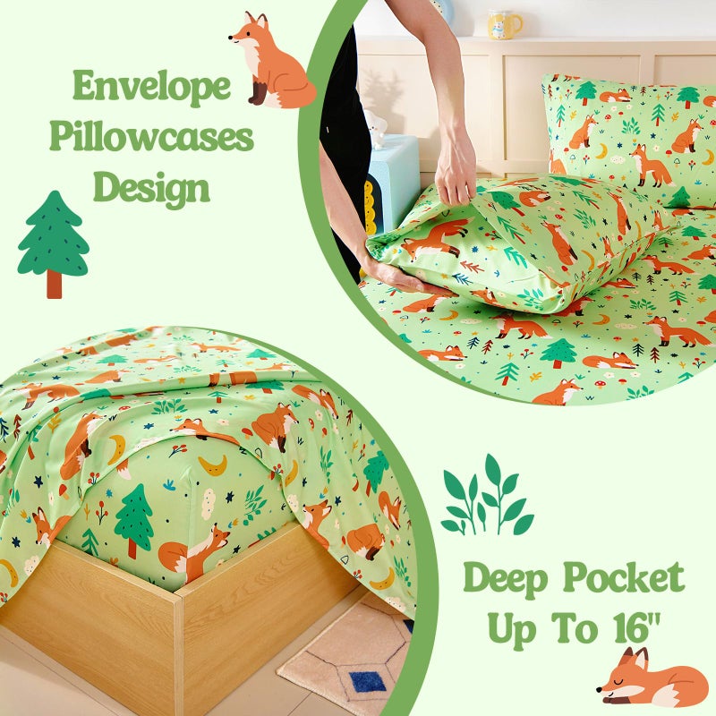 M&Co MCO Twin Sheets Set Kids, Soft Microfiber Bed Sheet Set for Boy Girls, 3 Pieces Breathable Twin Sheets Foxes Green - Image 4
