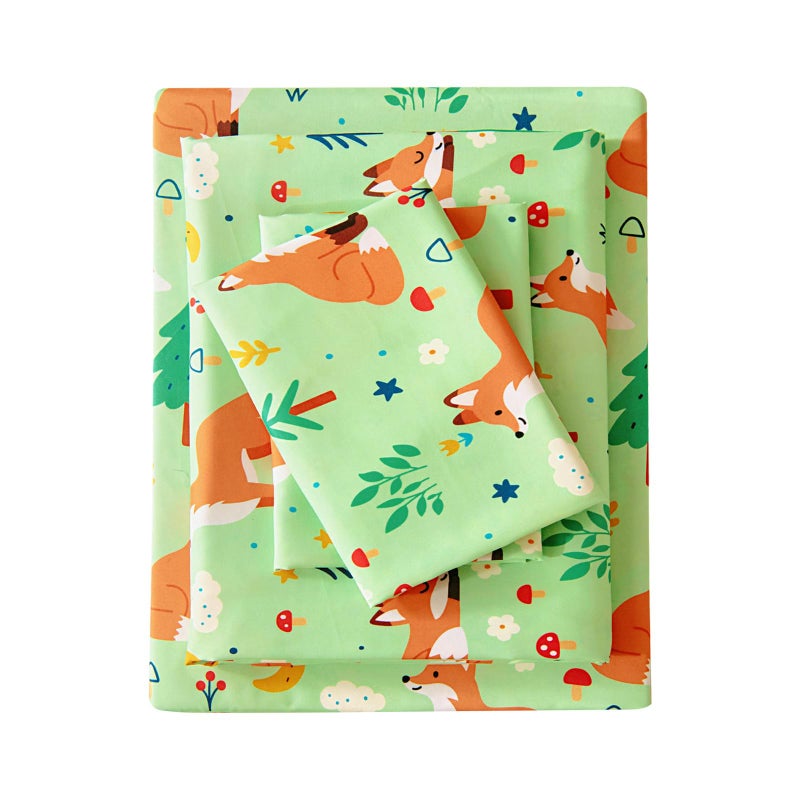 M&Co MCO Twin Sheets Set Kids, Soft Microfiber Bed Sheet Set for Boy Girls, 3 Pieces Breathable Twin Sheets Foxes Green - Image 1