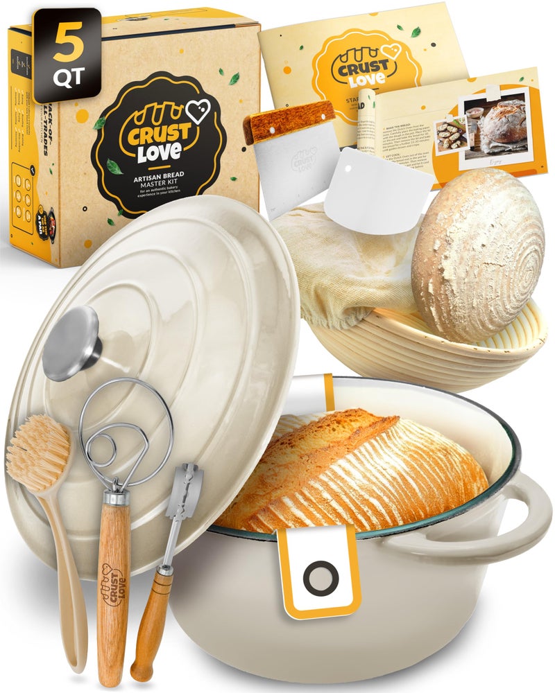 CRUSTLOVE Dutch Oven for Bread Baking - incl. Sourdough Bread-Baking Supplies like Banneton Bread-Proofing Basket - 5QT Enameled Cast Iron Bread-Oven with Lid, Baking Pan, Scoring Tool Lame - Image 1