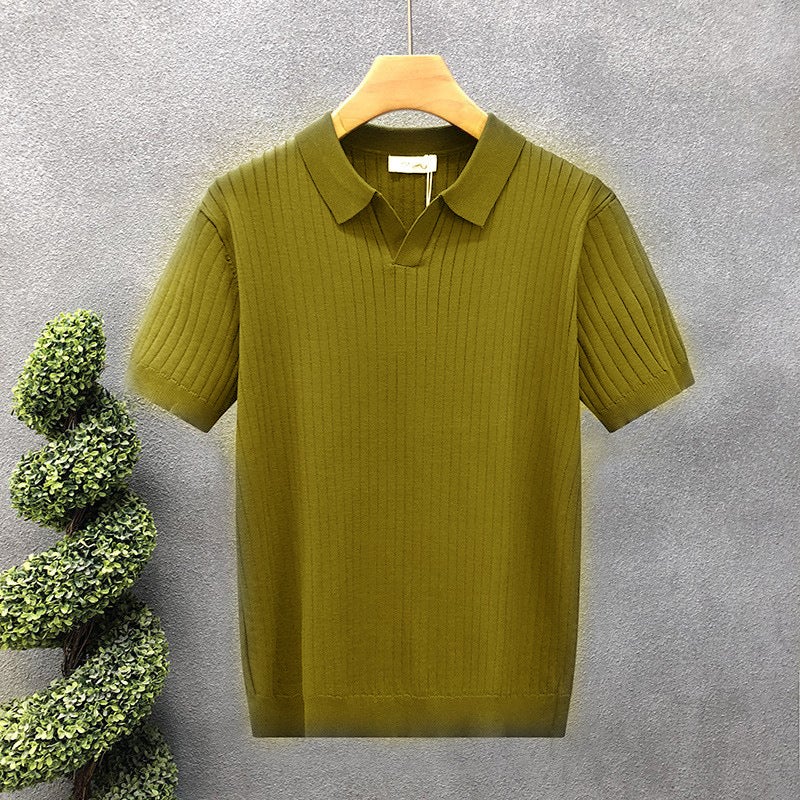 Men's V-Neck Short Sleeve Knit Polo Shirt with Striped Collar Business Casual Plus Size - Image 5