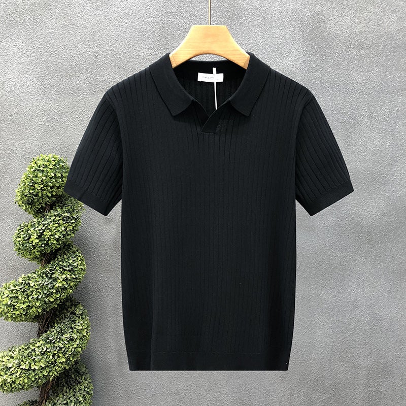Men's V-Neck Short Sleeve Knit Polo Shirt with Striped Collar Business Casual Plus Size - Image 3