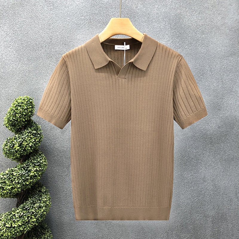 Men's V-Neck Short Sleeve Knit Polo Shirt with Striped Collar Business Casual Plus Size - Image 4