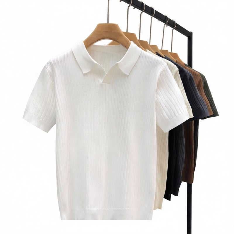 Men's V-Neck Short Sleeve Knit Polo Shirt with Striped Collar Business Casual Plus Size - Image 1