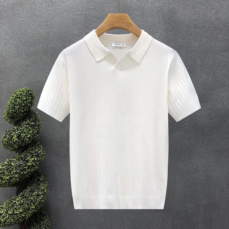 Men's V-Neck Short Sleeve Knit Polo Shirt with Striped Collar Business Casual Plus Size - Image 2