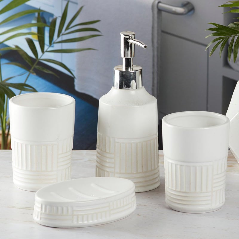 Kookee Ceramic Bathroom Set - Stylish 4 Piece Bath Accessories Kit with Soap Dispenser, Toothbrush Holder, Tumbler & Soap Dish - Modern & Designer Decor for Home & Guest Bathrooms, White/Beige (8142) - Image 4
