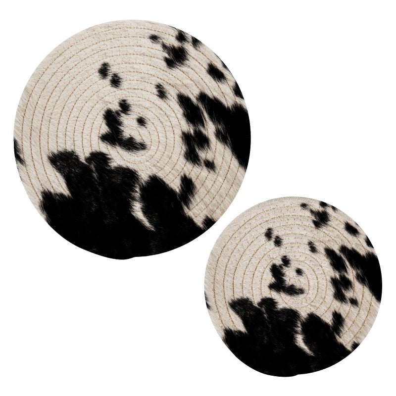 Kigai Cow Skin Print Round Cotton Trivets Pot Holders Hot Pads Pure Cotton Stylish Coasters for Boho Farmhouse Kitchen Decor 2pcs