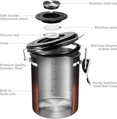 Veken Coffee Canister with Window,Airtight Stainless Steel Kitchen Food Storage Container, Date Tracker & Scoop for Grounds Coffee, Beans, Tea,Flour,Cereal,Sugar,22OZ,Copper - Image 5