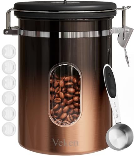Veken Coffee Canister with Window,Airtight Stainless Steel Kitchen Food Storage Container, Date Tracker & Scoop for Grounds Coffee, Beans, Tea,Flour,Cereal,Sugar,22OZ,Copper - Image 1