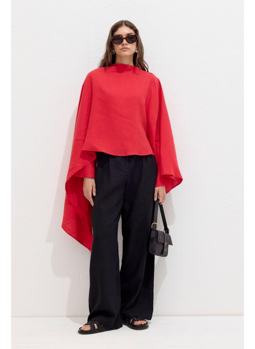Manuka - Asymmetrical Linen Cape Blouse Red - Image 1