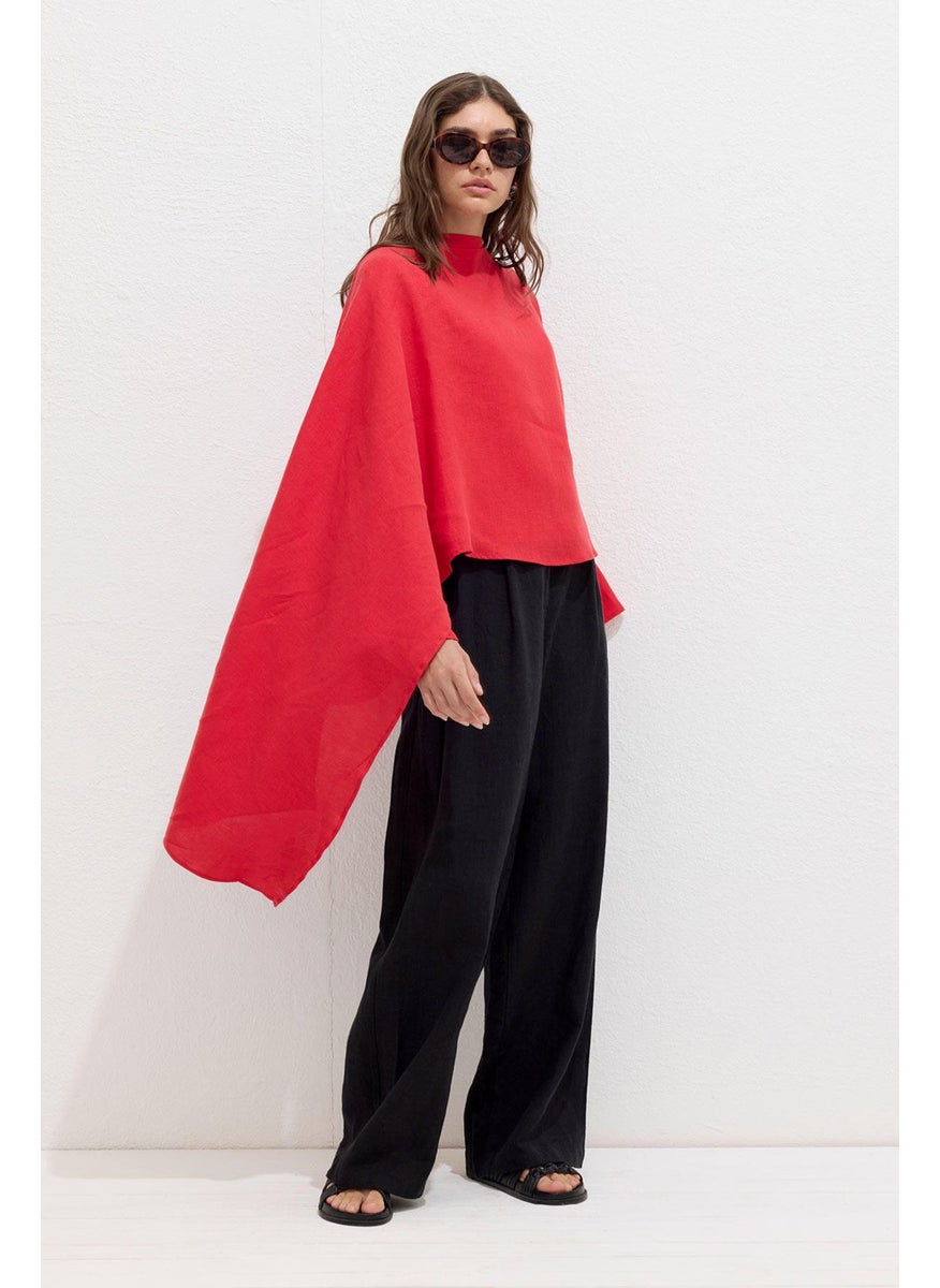 Manuka - Asymmetrical Linen Cape Blouse Red - Image 1