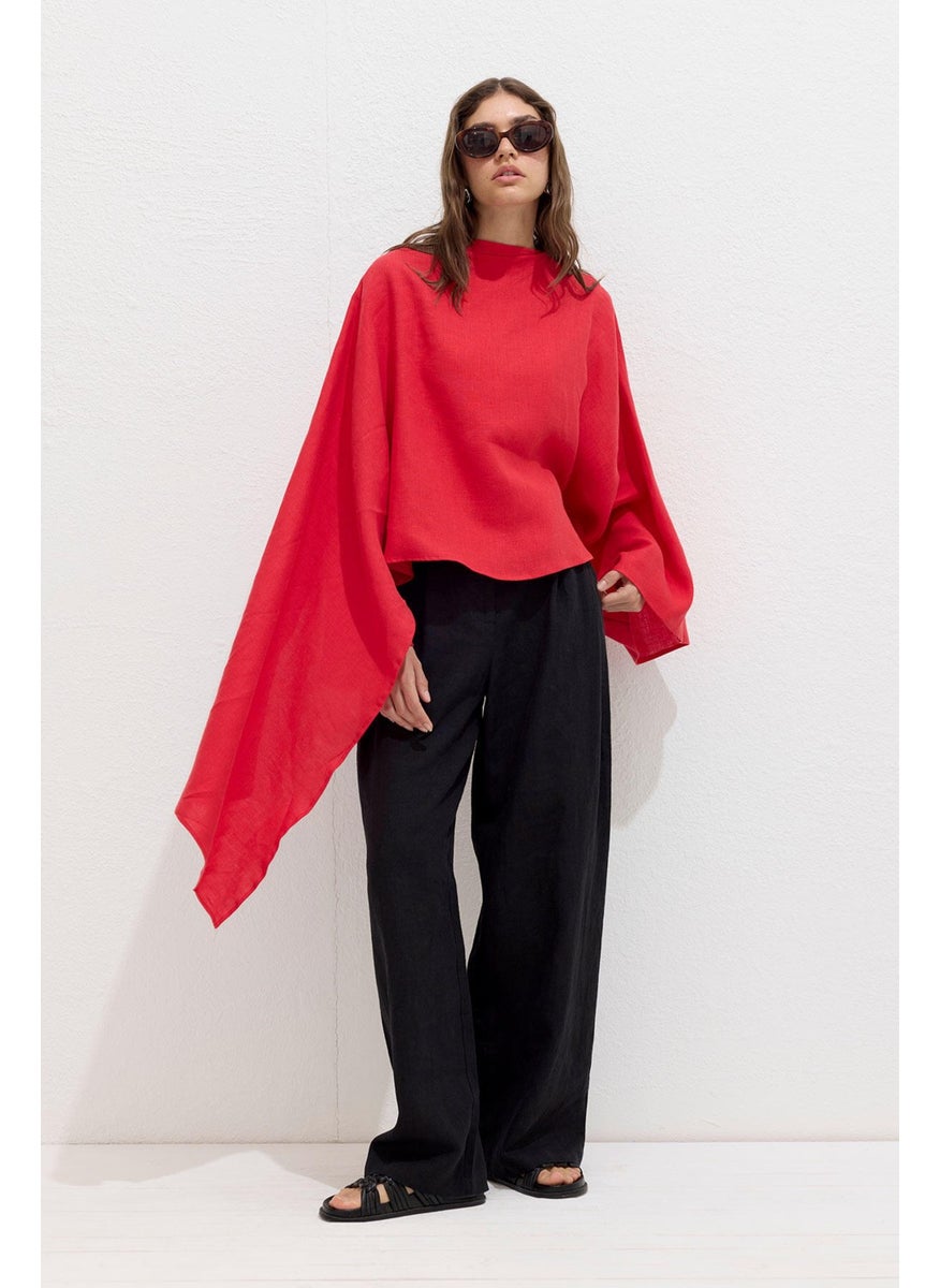 Manuka - Asymmetrical Linen Cape Blouse Red - Image 1