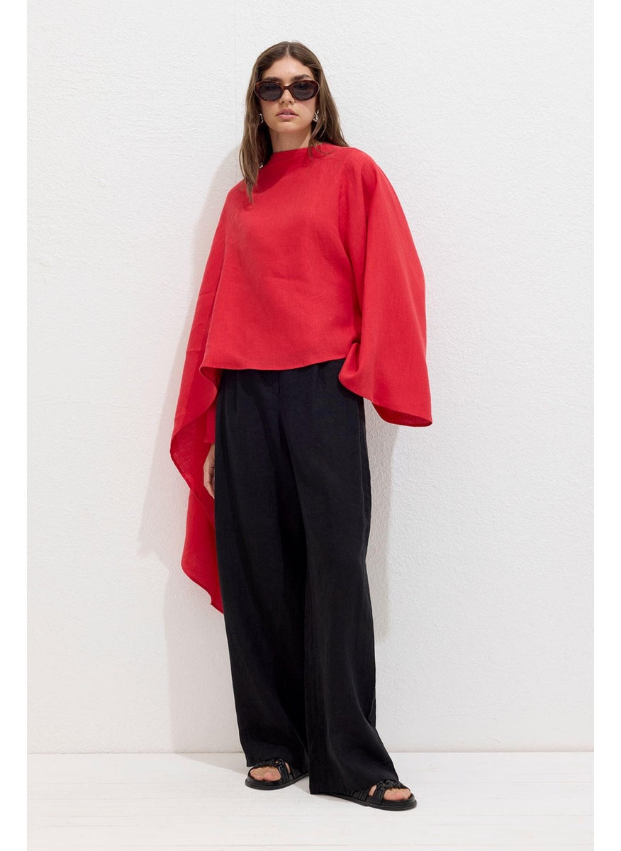 Manuka - Asymmetrical Linen Cape Blouse Red - Image 1