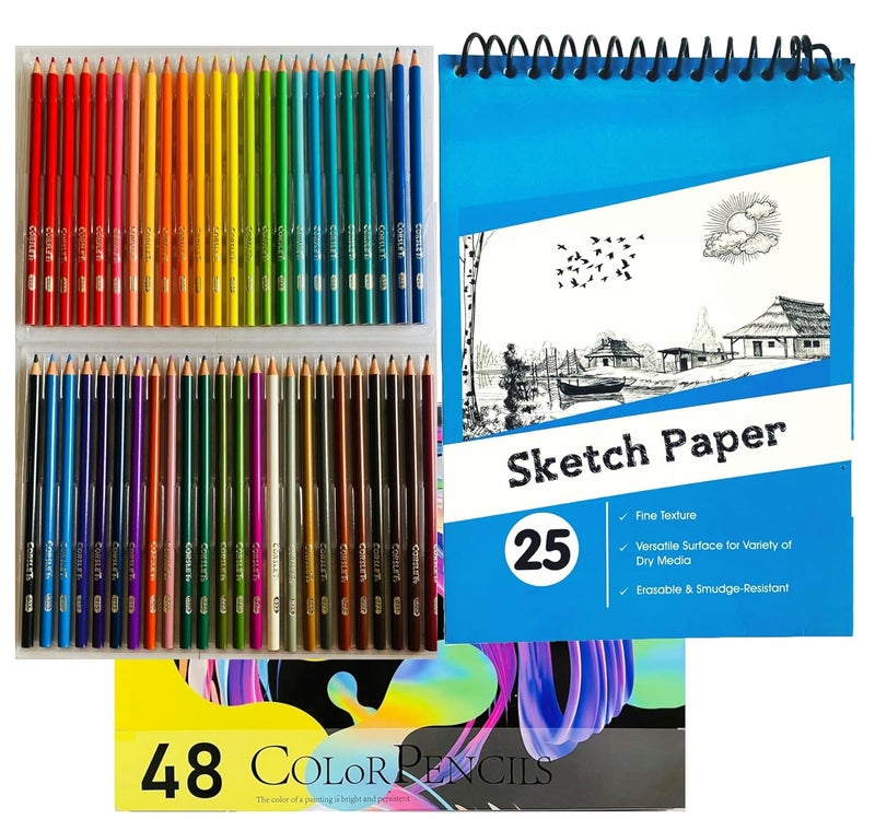 Corslet Set of 49, Combo of 48 Colour Pencils and 1 A5 Sketchbook, Includes Oil-Based Colouring Pencils and Spiral-Bound Sketch Book - Image 1