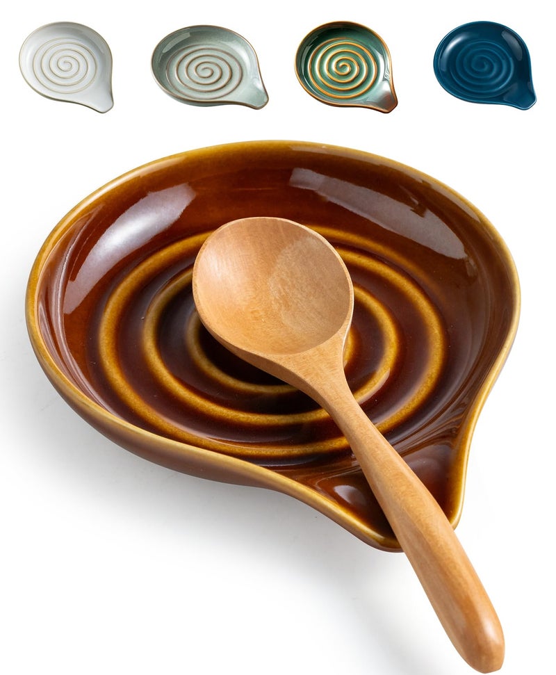 LAUCHUH Spoon Rest, 5 inches Large Ceramic Spoon Rest for Stove Top Cooking Spoon Holder for Mother's Day, Kitchen Counter Spatula Holder for Tongs, Ladle, Fork, Heat-Resistant, Dark Brown - Image 1