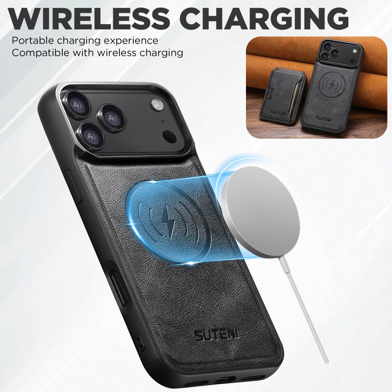 Suteni For Iphone 17 M3 Card Bag Magsafe Cowhide Texture Leather Phone Case(Black) - Image 2